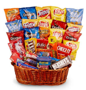 Gift Basket full of chips, candy, chocolate and more.