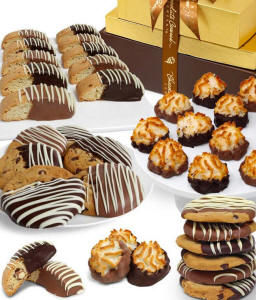 Chocolate-covered cookie gift tower—three stacked boxes with bow, assorted biscotti, macaroons, and chocolate chip cookies