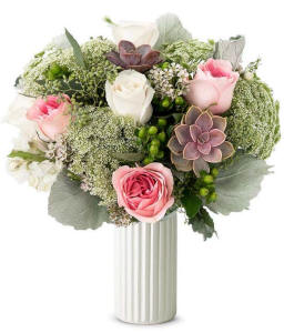 White and pink roses with succulents arranged for San Francisco flower delivery