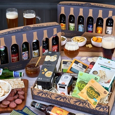 Around the World Beer Gift Box with 12 international beers and gourmet snacks