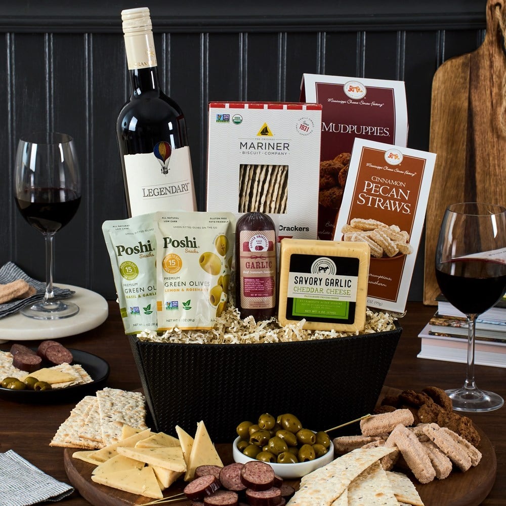 Classic Thanksgiving Red Wine Gift Basket with Cabernet Sauvignon, cheese, sausage, and crackers