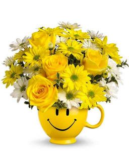 Yellow roses and daisies in a cheerful get-well arrangement