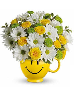 White daisy bouquet delivery with smiley face cup and cheap flowers delivery