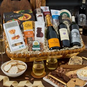 Wine and champagne trio gift basket with premium bottles and gourmet snacks