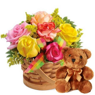 Teddy Bear & Roses Basket $59.99