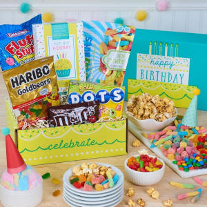 A beautiful gift box with a birthday theme filled with treats and goodies