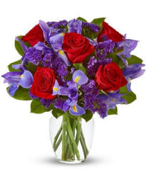 blue iris and roses bouquet