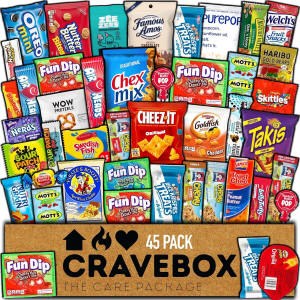 45-count care package filled with chips, candy and snack packs in a gift box