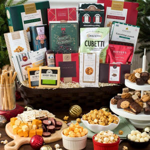 Corporate Christmas gift basket filled with premium holiday snacks and gourmet treats for clients and employees