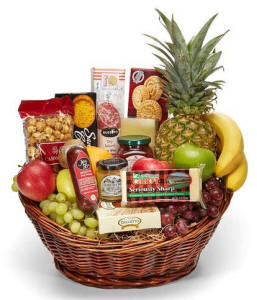 Season's Greetings Christmas gourmet and fruit basket with fresh fruit and treats