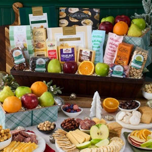 Christmas luxury gift basket with premium wines, chocolates and gourmet holiday delicacies