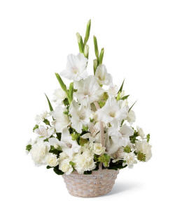 A beautiful and serene white sympathy flower arrangement