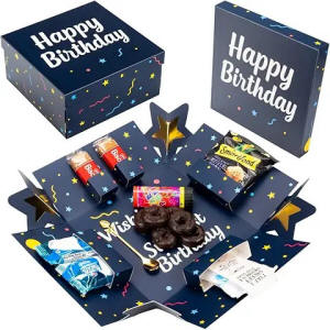 Explosion birthday gift box with pop-up surprises, confetti and birthday-themed treats
