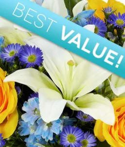 Floral arrangement in blue and yellow colors designed for celebrating the birth of a baby boy. $34.99