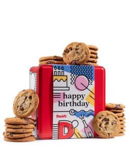 Happy Birthday cookie tin with chocolate chunk, peanut butter, double chocolate, and oatmeal raisin cookies