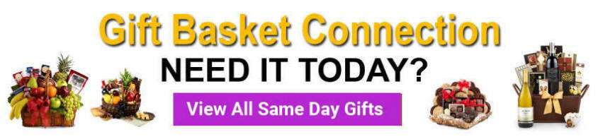 A same day gift basket logo displaying images of 4 gift baskets wine gift baskets gourmet gift baskets fruit gift baskets and a chocolate gift basket gold writing that says Gift Basket Connection