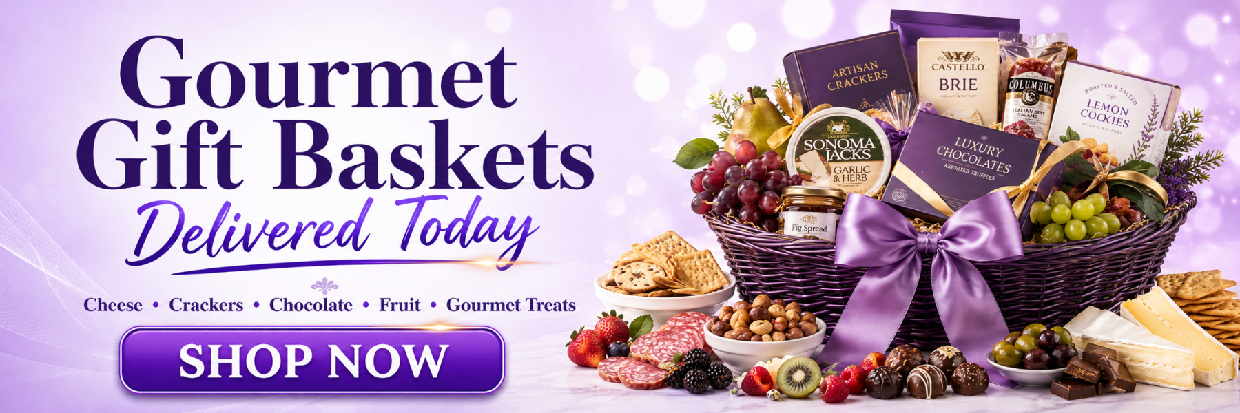 Premium gourmet gift baskets with fruit, cheese, chocolates, cookies, crackers and fast delivery options