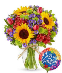 happy birthday sunflower bouquet with balloon