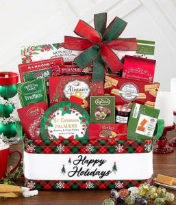 Happy Holly Days holiday gift basket with Christmas cookies, candies and chocolates