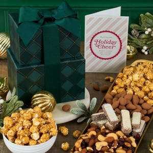 Happy Holidays snack basket with an assortment of Christmas popcorn, chips, cookies and treats