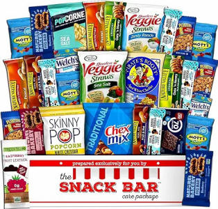 Healthy snack care package with nuts, granola bars and better-for-you treats in a gift box