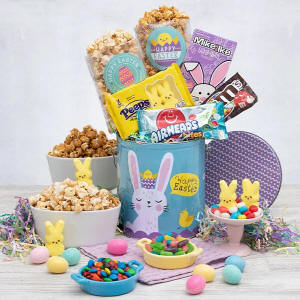 Say hello to springtime and kiss the dreary winter days goodbye with this bright and cheery Easter collection! We've filled a cute tin with festive sweets, like delicious popcorn, gooey marshmallow PEEPS® bunnies, and fruit-flavored and chocolate candy. A fun and colorful gift that's sure to make this Easter one to remember!