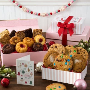 Holiday baked goods gift with assorted Christmas cookies, brownies and pastries