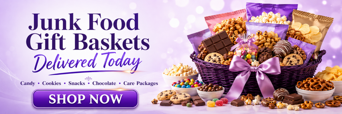 Junk food gift baskets delivered today with candy, cookies, snacks, chocolate and care packages