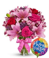 birthday roses and lilies with a happy birthday balloon