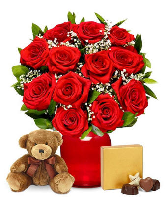 One Dozen Long Stem Red Roses w/ Chocolates & Bear