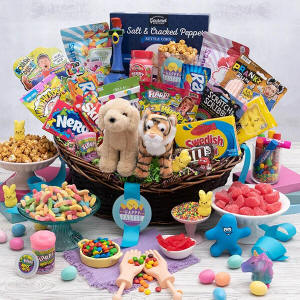 You can stop hunting for the perfect Easter gift — it's right here! This beautiful, jaw-dropping basket includes an impressive collection of the most beloved classic candies, two plush animals, decadent chocolate treats, and entertaining toys, like slime and a whoopie cushion. A gift basket guaranteed to make Easter morning unforgettable!