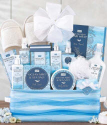 A gift basket filled with bath, body and ocean mist spray