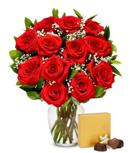 One Dozen Red Roses With Chocolate
