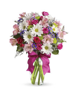 Pretty Please bouquet with pink spray roses and white daisies in a soft feminine spring floral design ideal for birthdays and thank-you gifts