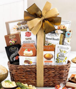 Premier gourmet holiday snack basket with artisan crackers, cheeses and sweets
