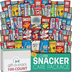 Snacker care package with an assortment of chips, cookies and candy