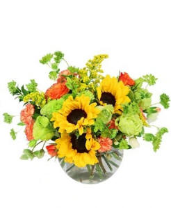 A bouquet of sunflowers, roses, and greenery