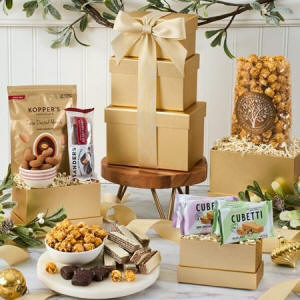 Taste of Elegance gift basket with gourmet cheeses, crackers, nuts and chocolates