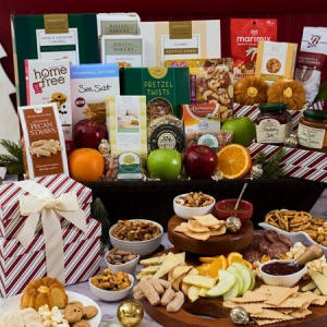 Fruit and gourmet gift basket with fresh fruit, cheese, crackers and cookies