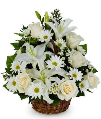 Sympathy Flower Basket with white flowers