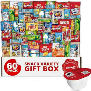 Variety snack care package box filled with mixed single-serve chips, cookies and treats