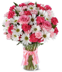 Pink Surprise bouquet featuring white daisies, pink roses and carnations in a bright cheerful arrangement ideal for joyful celebrations