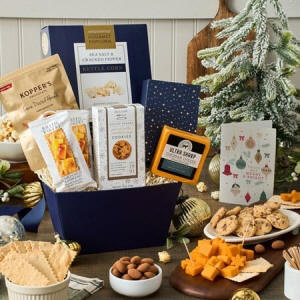 Winter Wonder holiday gift basket with wintry blue accents and gourmet treats
