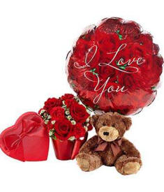 Valentines Day Roses With I Love You Balloon and Teddy Bear $64.99